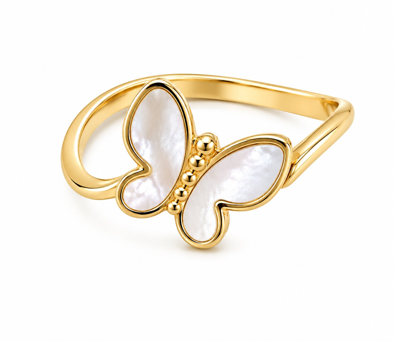 A gold butterfly ring featuring mother-of-pearl wings on a clean white background.