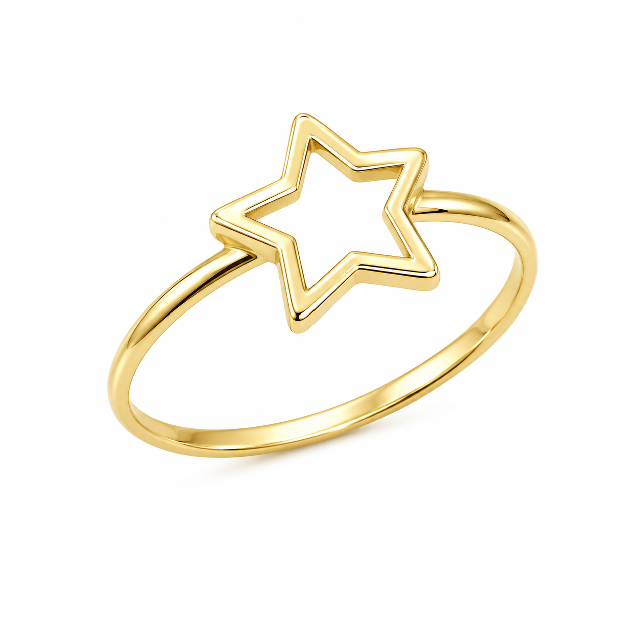 A polished gold ring featuring an open, five-pointed star design on a clean white background.