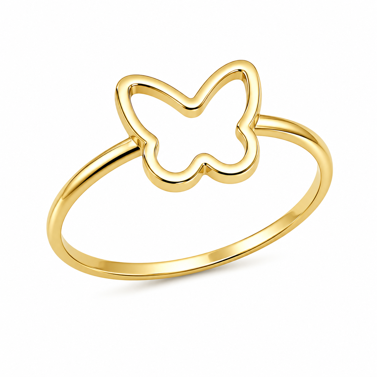 A gold butterfly ring with an open butterfly design on a polished band, shown on a clean white background.