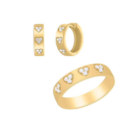 Diamond Pave Hearts Huggie Earrings and Ring Gift Jewelry Set 14K Yellow Gold