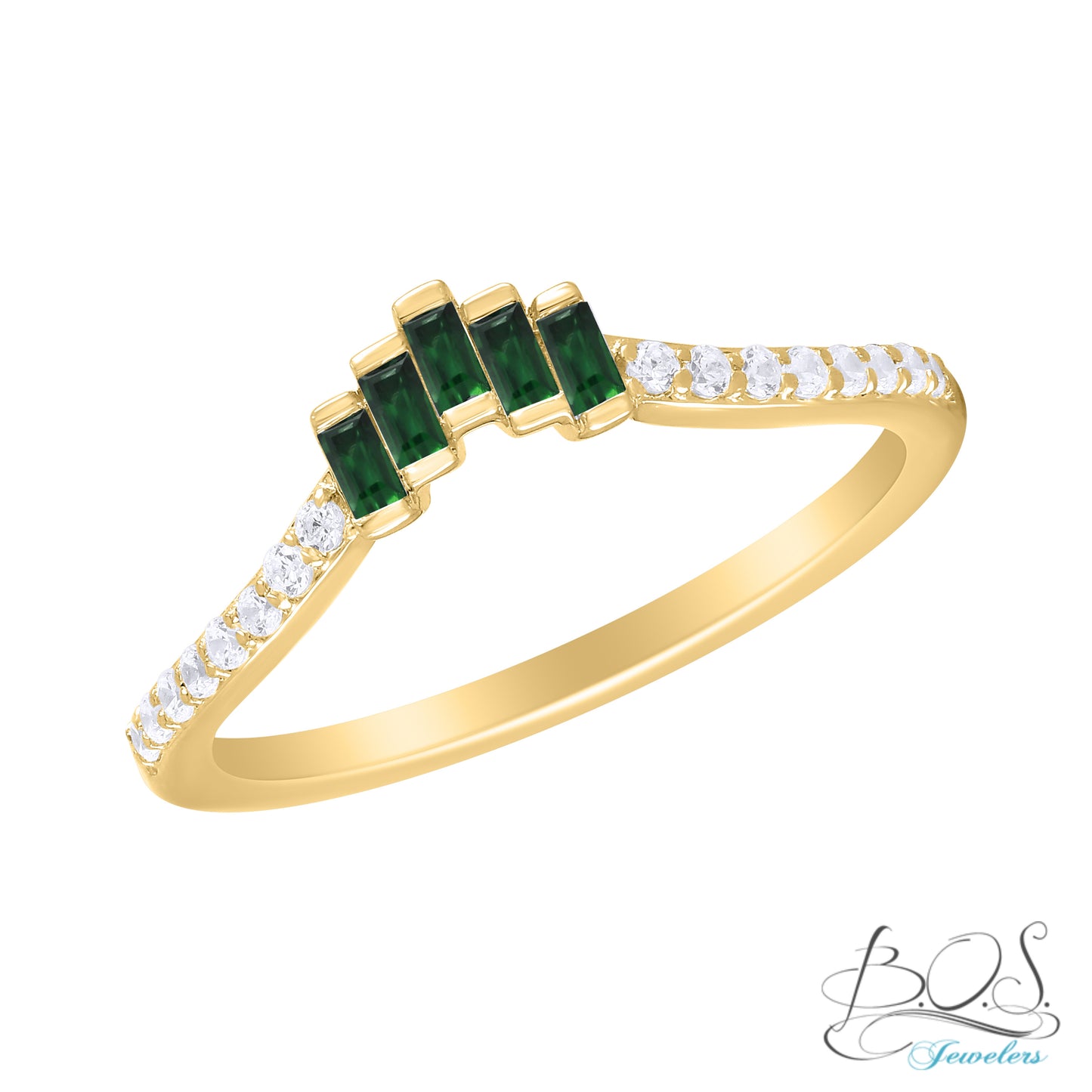 14K Gold Color Stone Baguette Ring with Diamonds