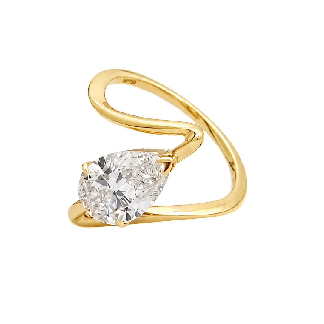14K Yellow Gold Lab Grown Pear Diamond Bypass Ring – 1.85 CT