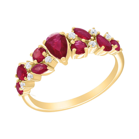 Radiant Cascade: 14K Gold Multi-Cut Gemstone Cluster Ring with Diamonds