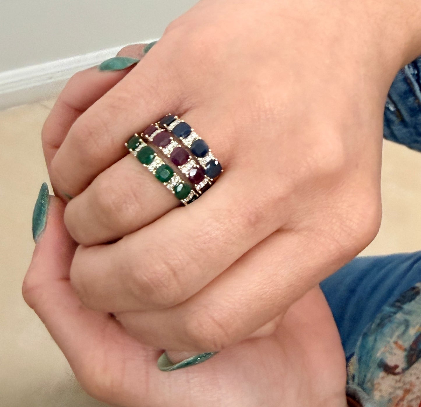 Opulent Large Cushion Cut Color Stone And Diamond Station Band Ring