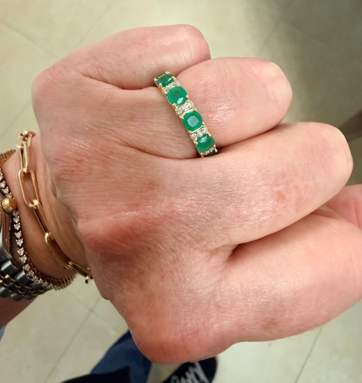 Opulent Large Cushion Cut Color Stone And Diamond Station Band Ring