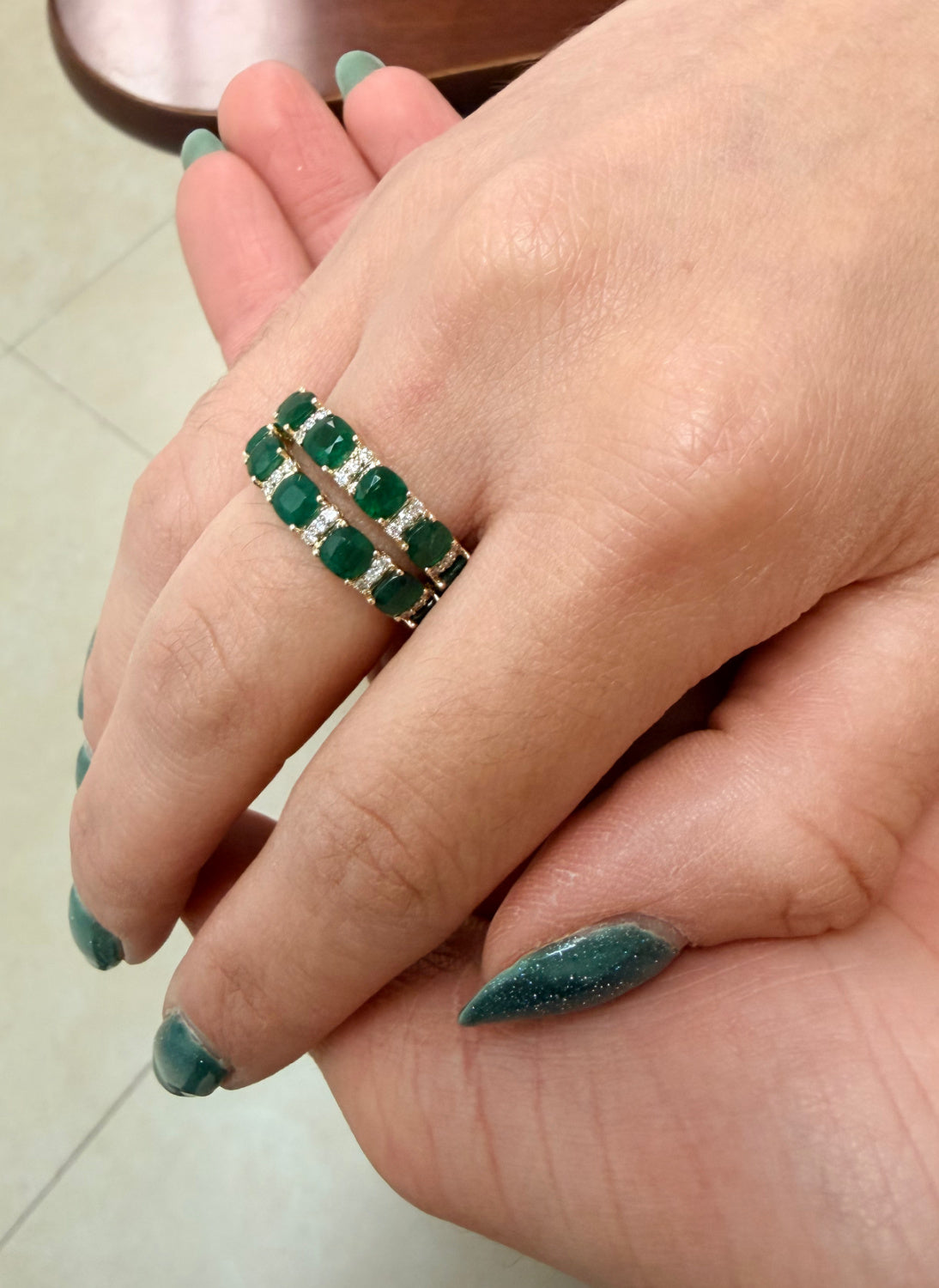 Opulent Large Cushion Cut Color Stone And Diamond Station Band Ring