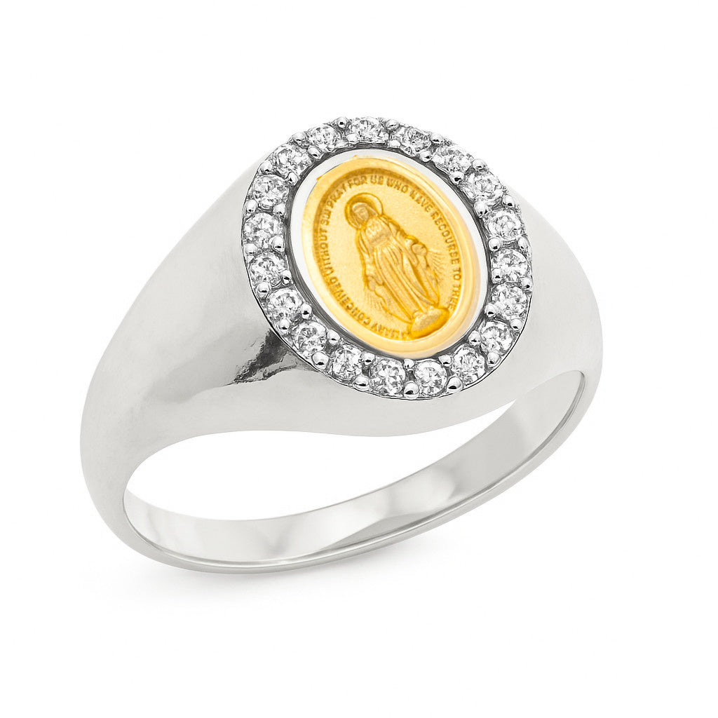 Dainty Mini Diamond Miraculous Medal Signet Ring