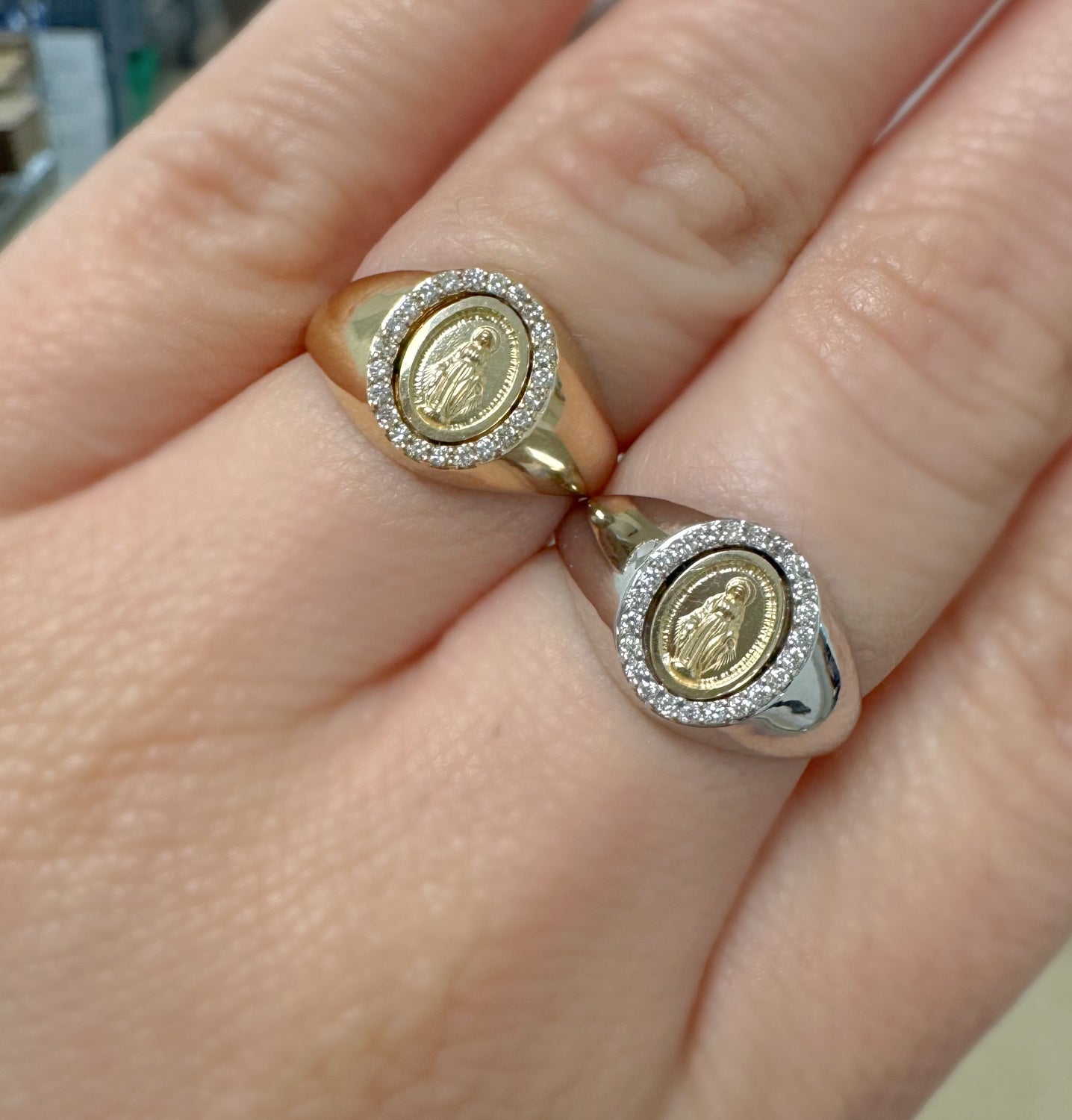 Dainty Mini Diamond Miraculous Medal Signet Ring