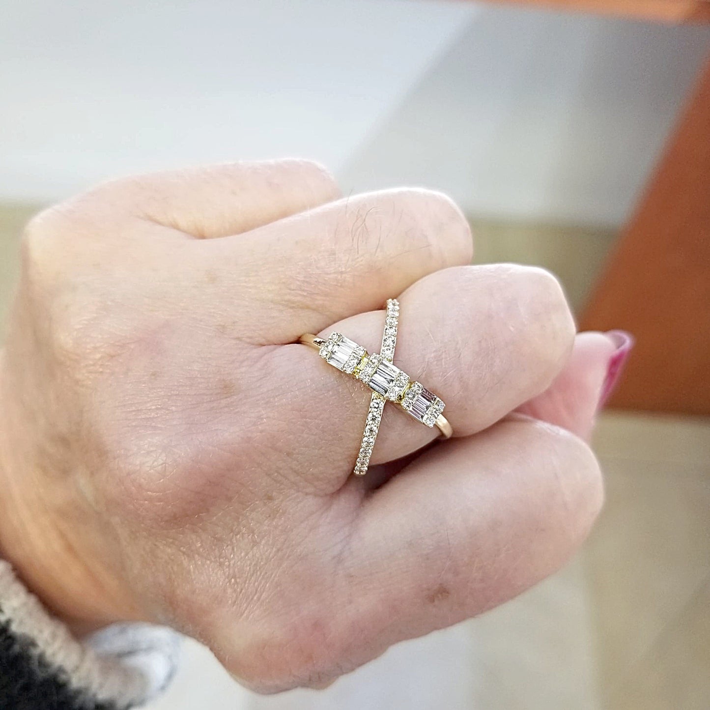 Criss Cross Diamond Baguette Ring