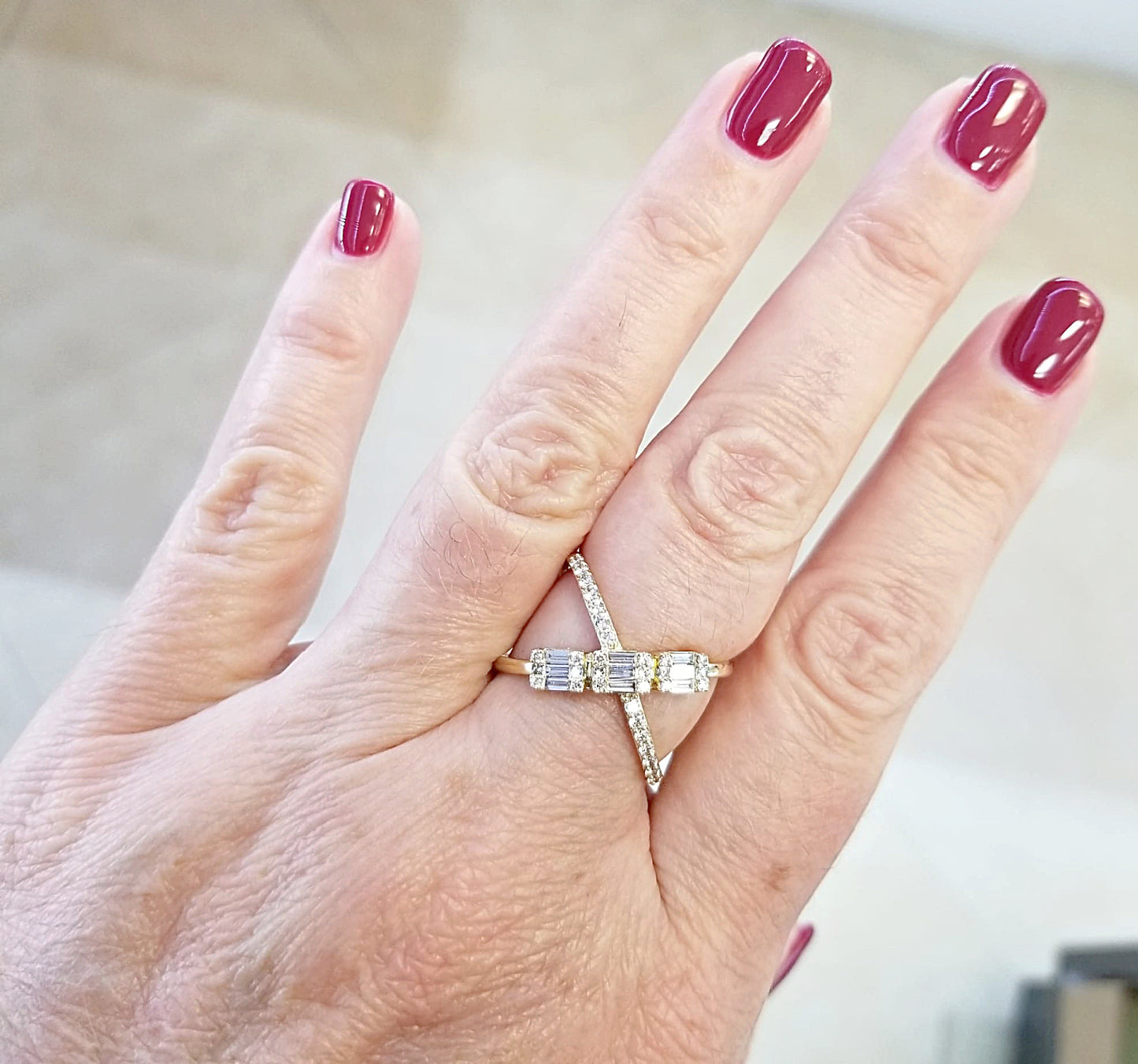 Criss Cross Diamond Baguette Ring