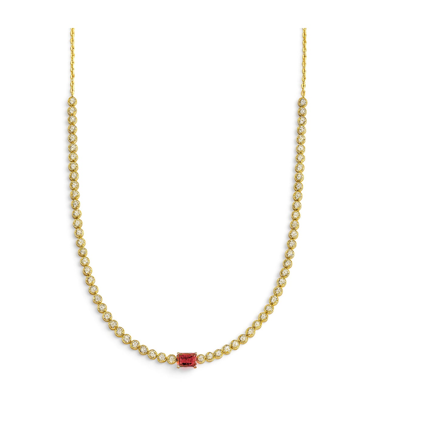 Gold necklace with a red gemstone on a white background