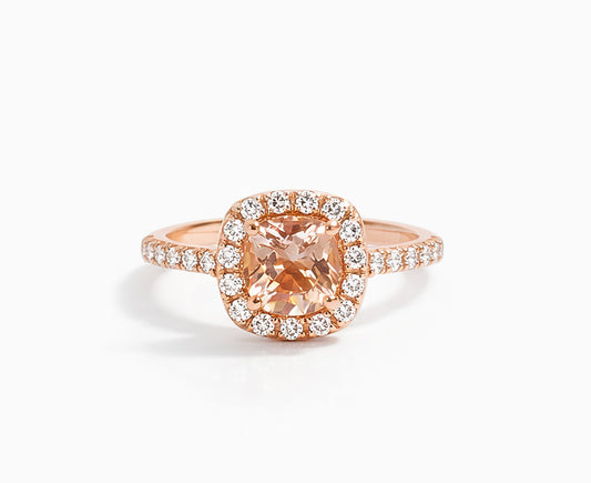 Blush Morganite Diamond Halo Engagement Ring in 14K Rose Gold