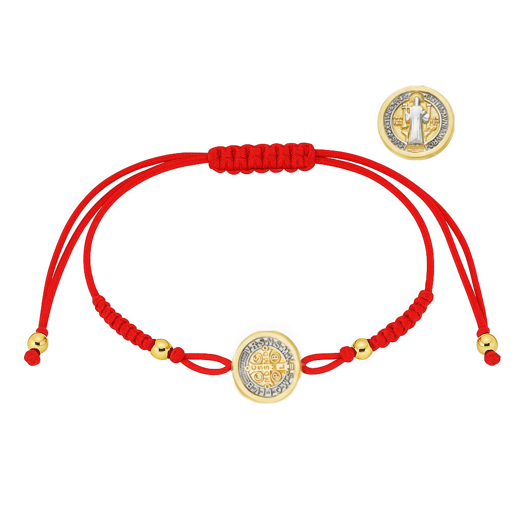 Red string bracelet with two tone 14K gold  Saint Benedict Medal on a white background