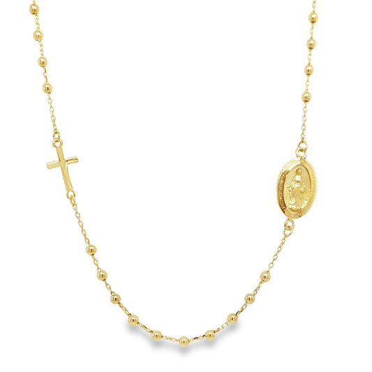 A 16-inch gold rosary necklace with a cross and a Miraculous Medal.