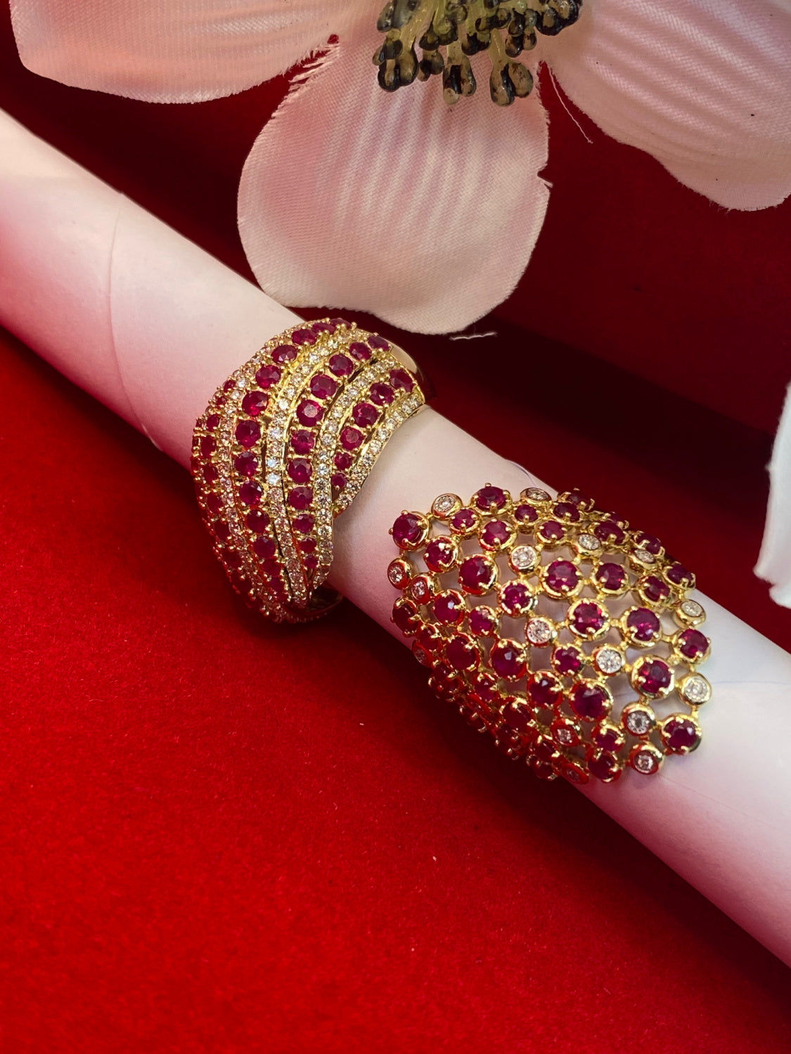 Large Flowing Wave Dome Pave Color Stone and Diamond Ring