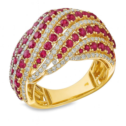 14K gold flowing wave dome ring with natural ruby and diamond accents – luxury statement jewelry.