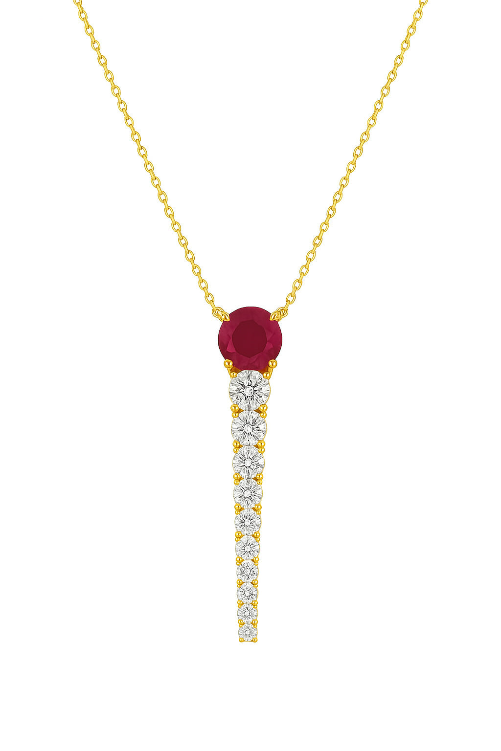 Gold necklace with a red ruby gemstone and diamond-studded pendant on a white background