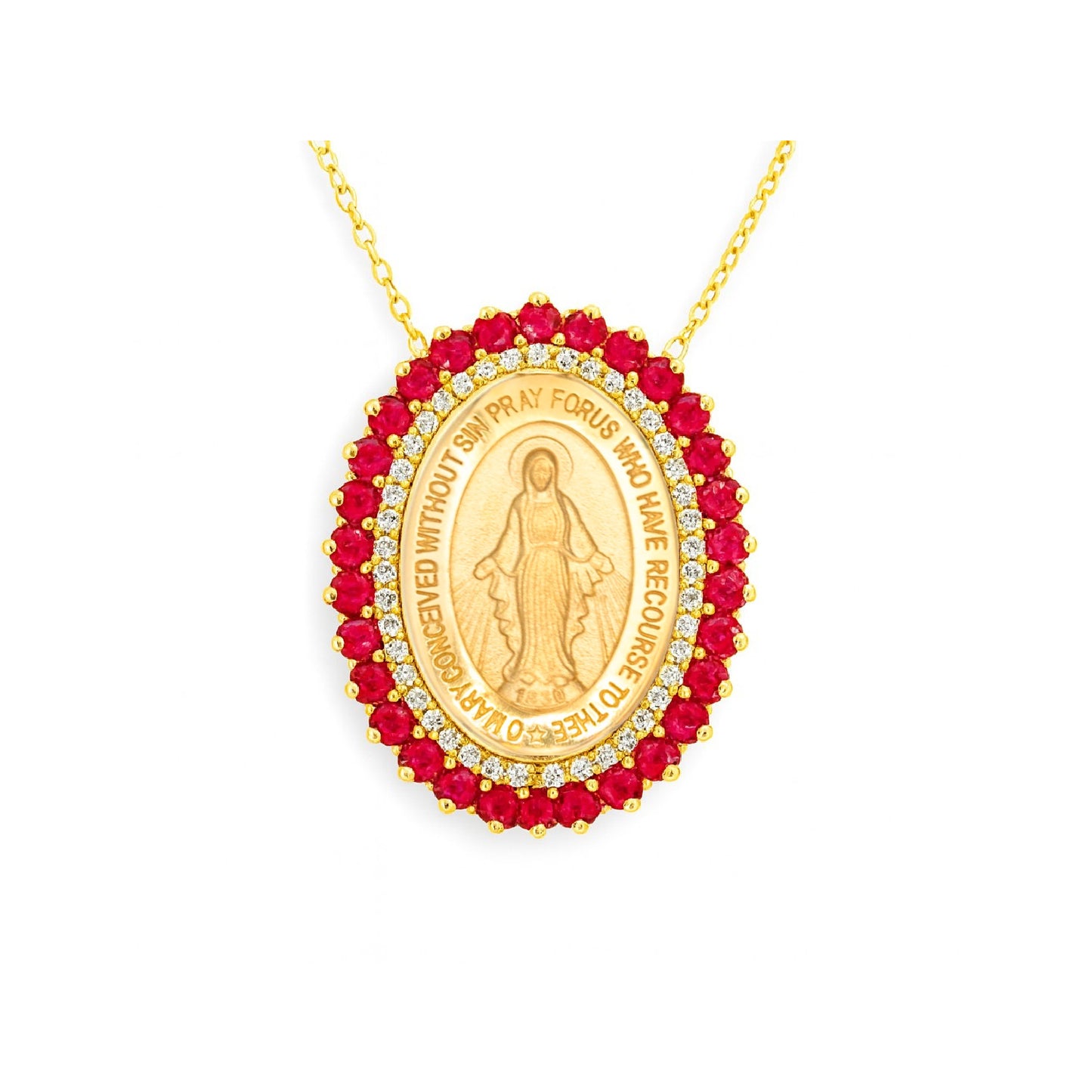 Gold necklace with a pendant featuring rubies and diamonds with a Miraculous Medal religious figure on a white background