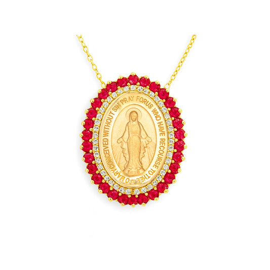 Gold necklace with a pendant featuring rubies and diamonds with a Miraculous Medal religious figure on a white background