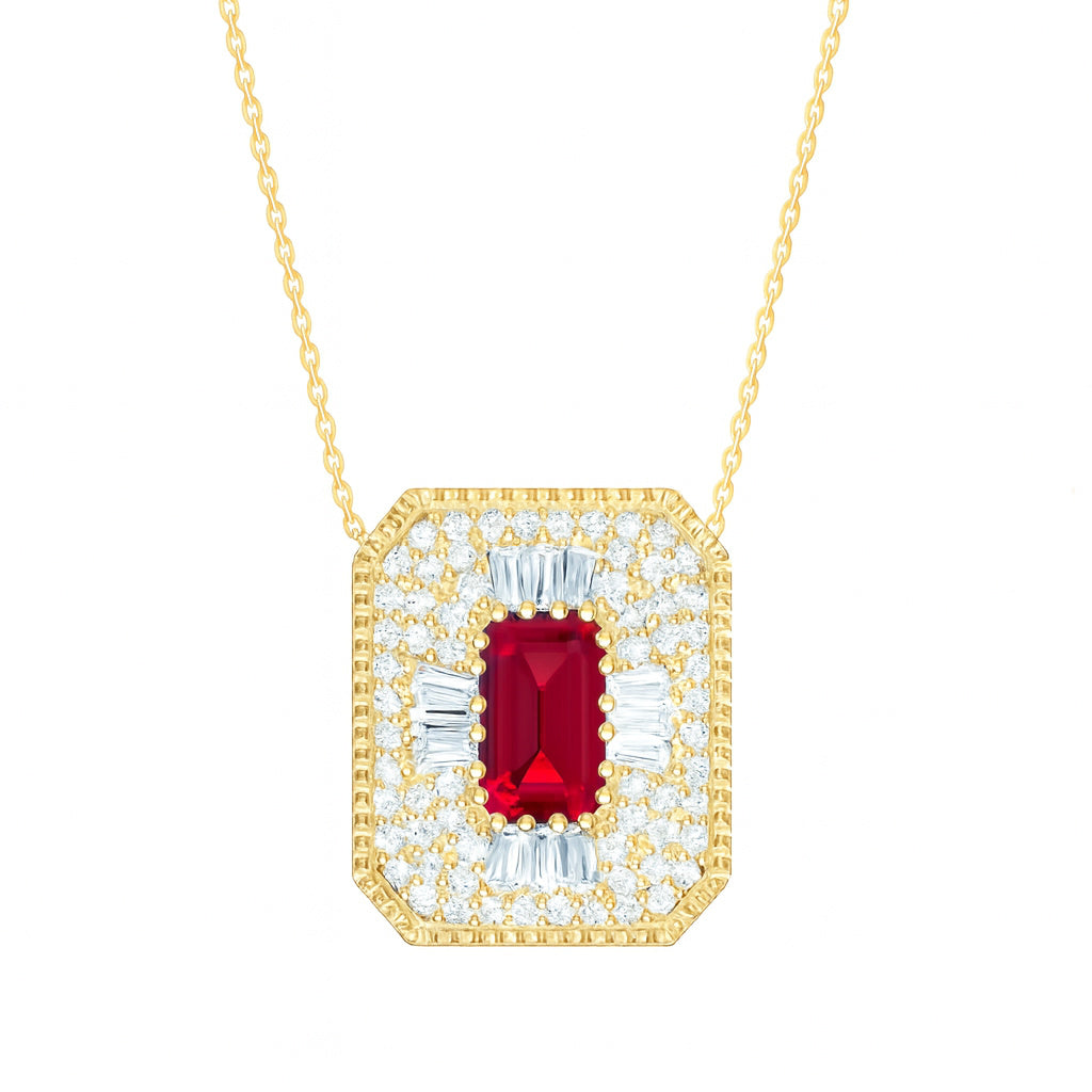 Gold necklace with a red ruby gemstone and diamond halo accents on a white background