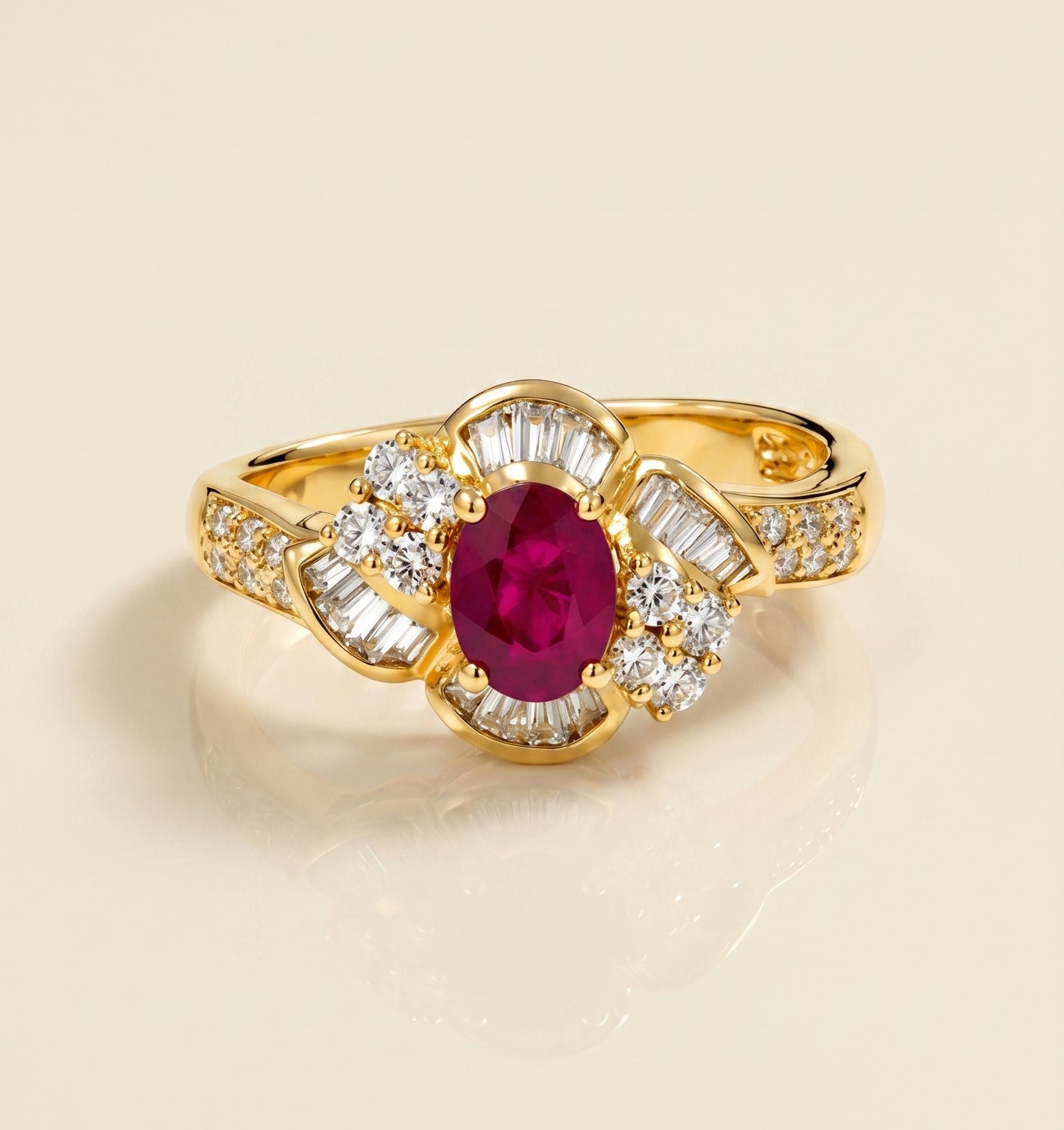 18K Yellow Gold Lab Grown Ruby & Natural Diamond Baguette Halo Ring