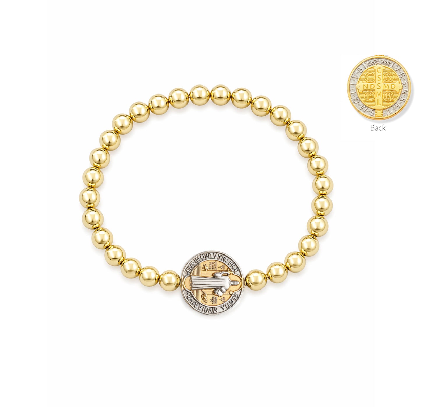 Gold beaded bracelet with Saint Benedict medal gold charm on a white background with the back of the medal showing.