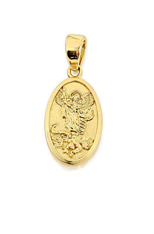 Gold pendant with Saint Michael Archangel design on a white background