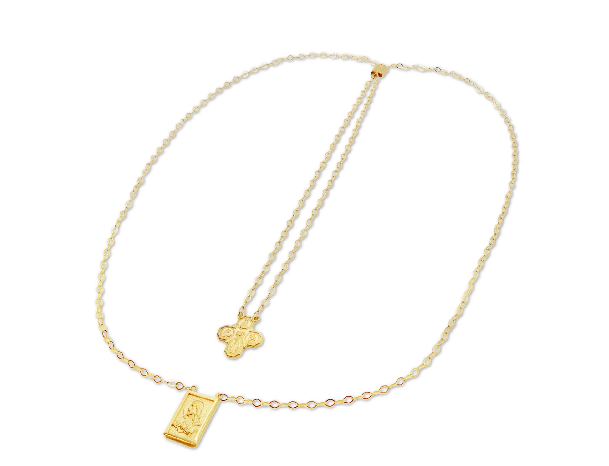 A 14K gold scapular necklace with a four-way cross medal and an adjustable gold chain.
