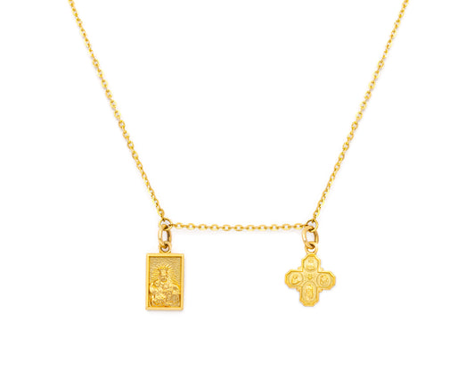 A 14 karat gold necklace featuring a double-sided Scapular Medal and a 4-Way Cross pendant, with a jumper ring at 16 inches.