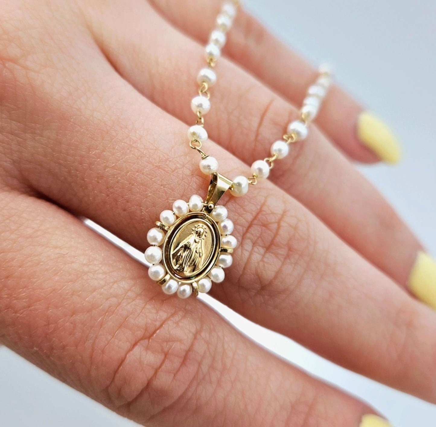 Multi Pearl Miraculous Medal Necklace