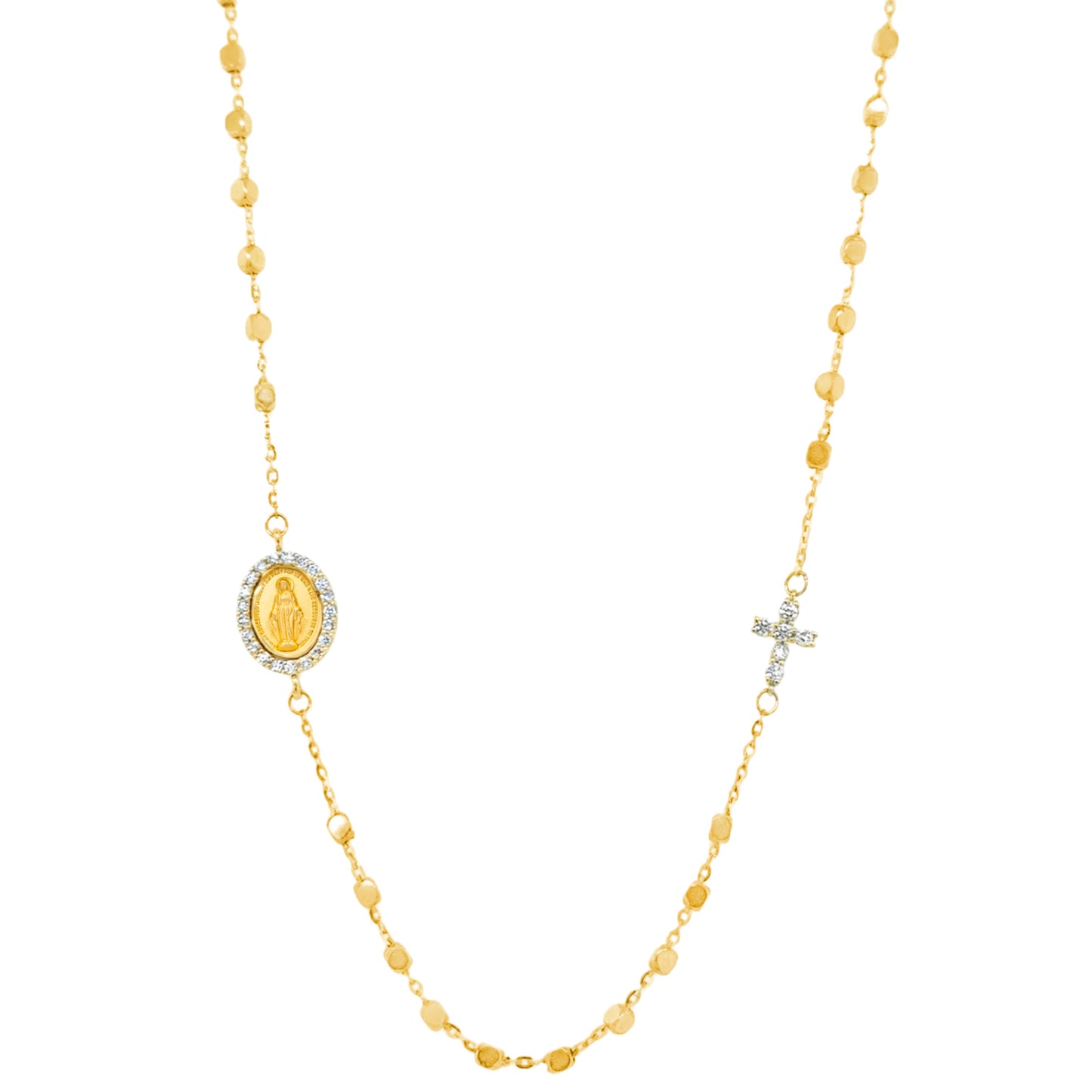 A 14K gold rosary with diamond Miraculous Medal and Cross with nugget mirror beads.