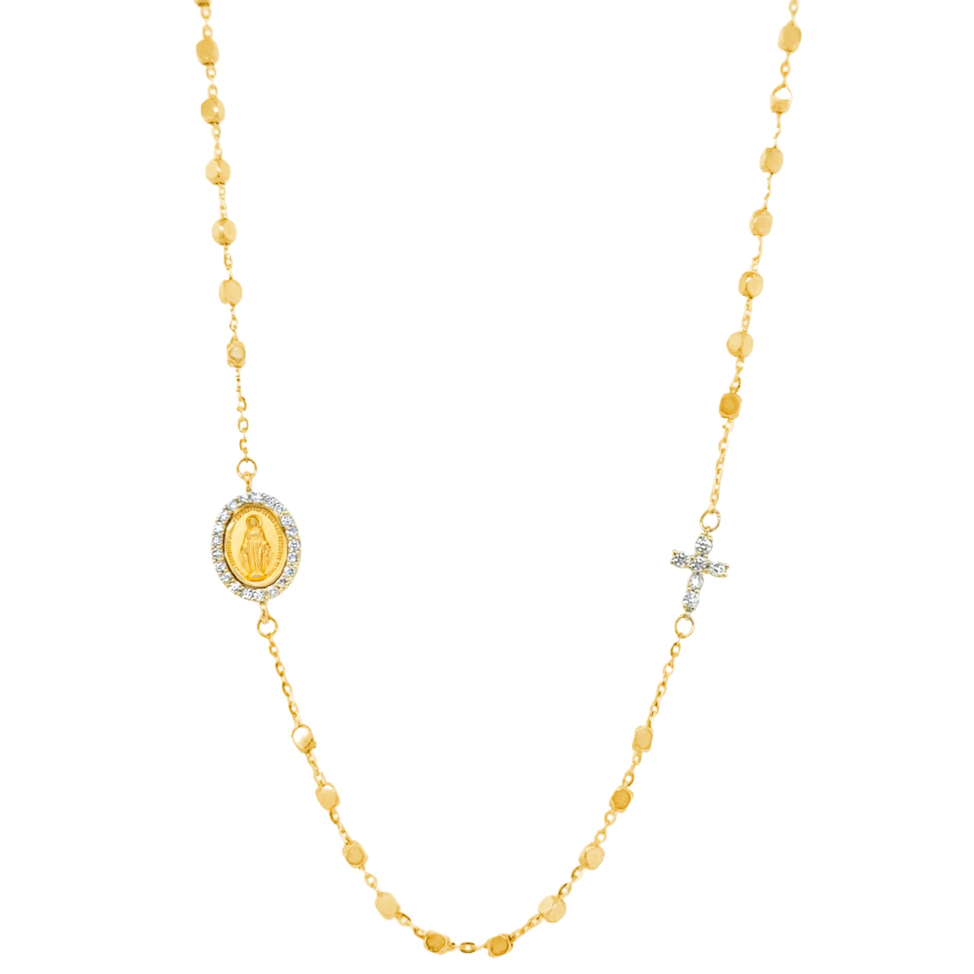 A 14K gold rosary with diamond Miraculous Medal and Cross with nugget mirror beads.