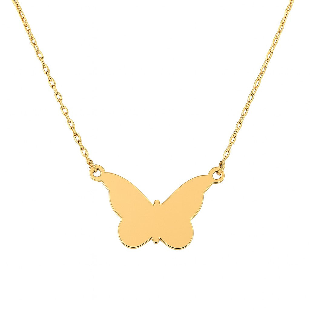 Gold butterfly necklace on a white background