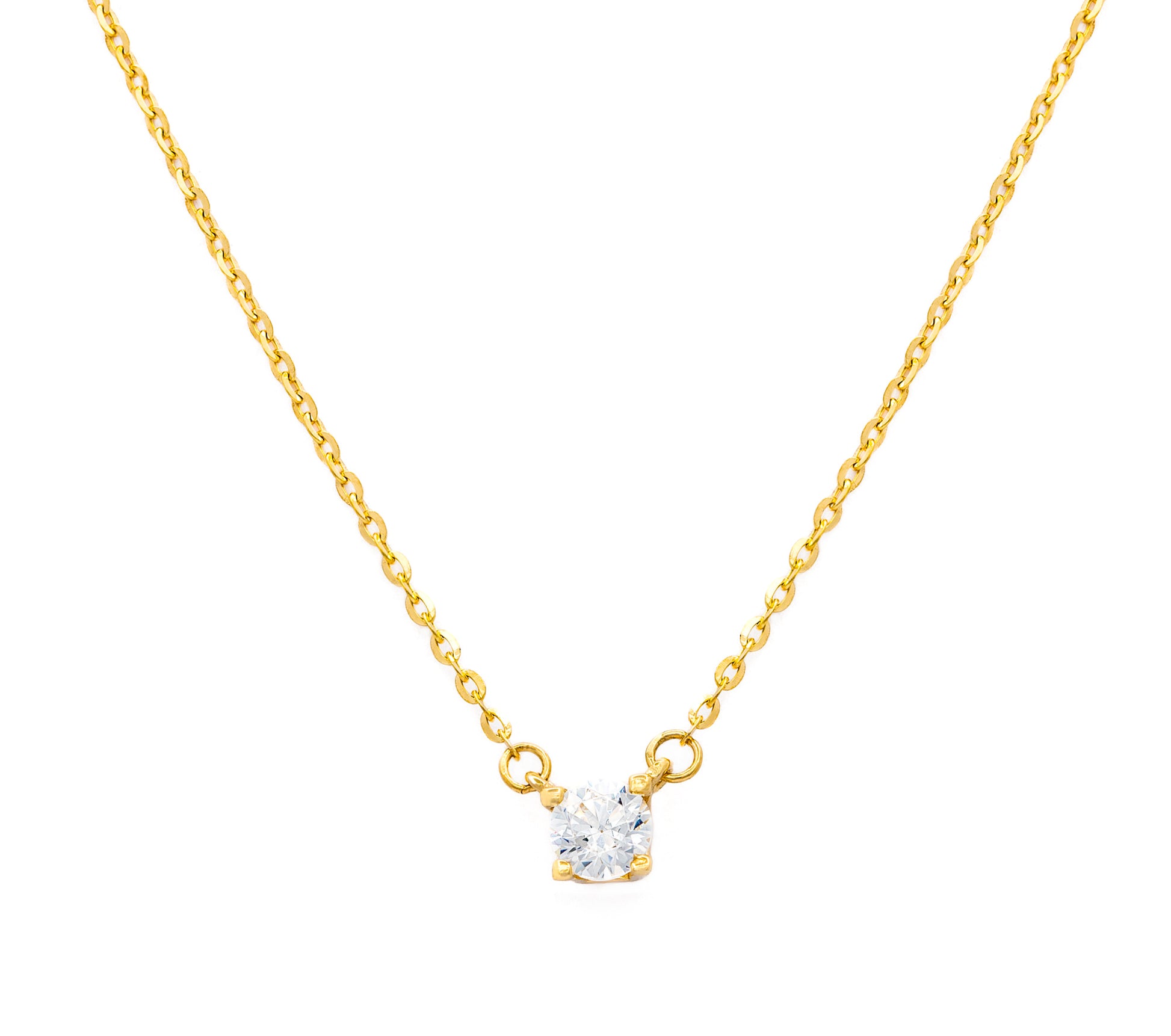 A single solitaire cubic zirconia necklace with a yellow gold chain and a 4mm cubic zirconia stone.