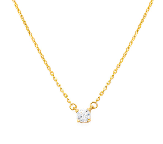 A single solitaire cubic zirconia necklace with a yellow gold chain and a 4mm cubic zirconia stone.