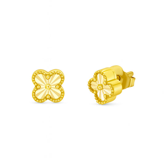 Gold clover-shaped earrings on a white background