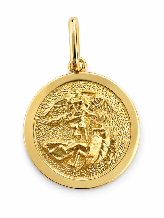 14K gold round medal featuring an embossed image of the archangel St. Michael.