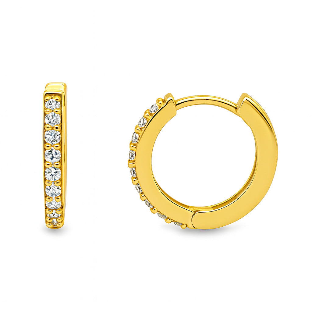 Gold hoop earrings with small cubic zirconia stones on a white background