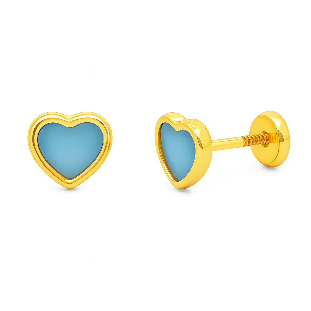 Heart-shaped earrings with gold frames and blue turquoise centers with orthopedic screw backs for a baby or child on a white background
