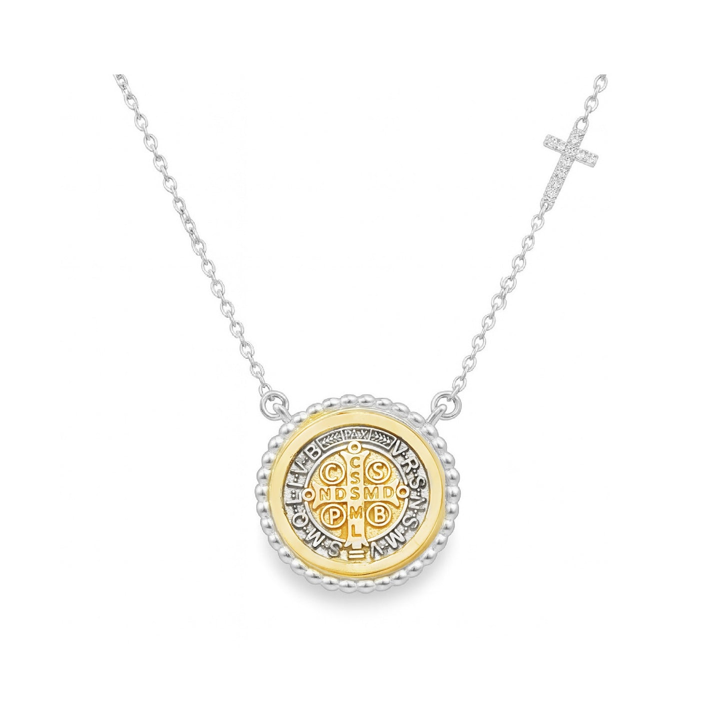 Beaded Border Saint Benedict Medal with Mini Diamond Accent Cross Necklace