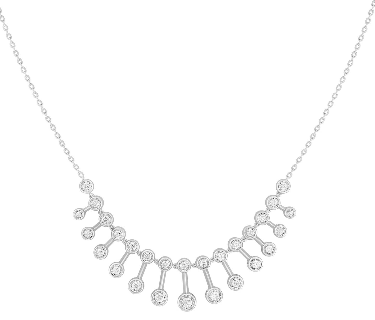 A 14K White Gold Bezel Dangling Necklace with multiple sparkling diamond stations.