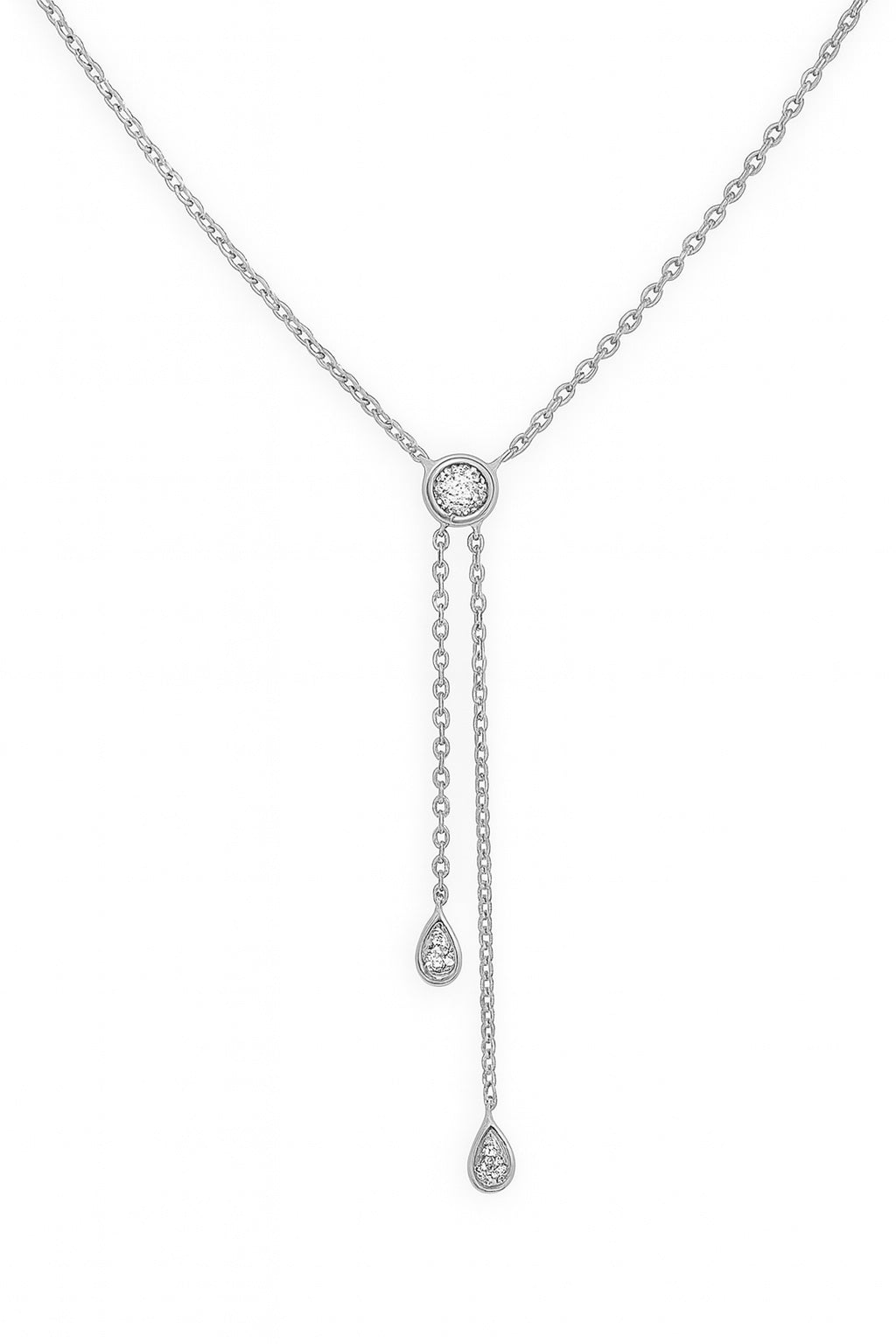 White Gold necklace with a round pendant and teardrop-shaped drops on a white background