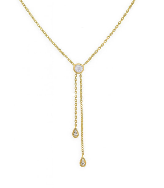 Gold necklace with diamond pendants on a white background