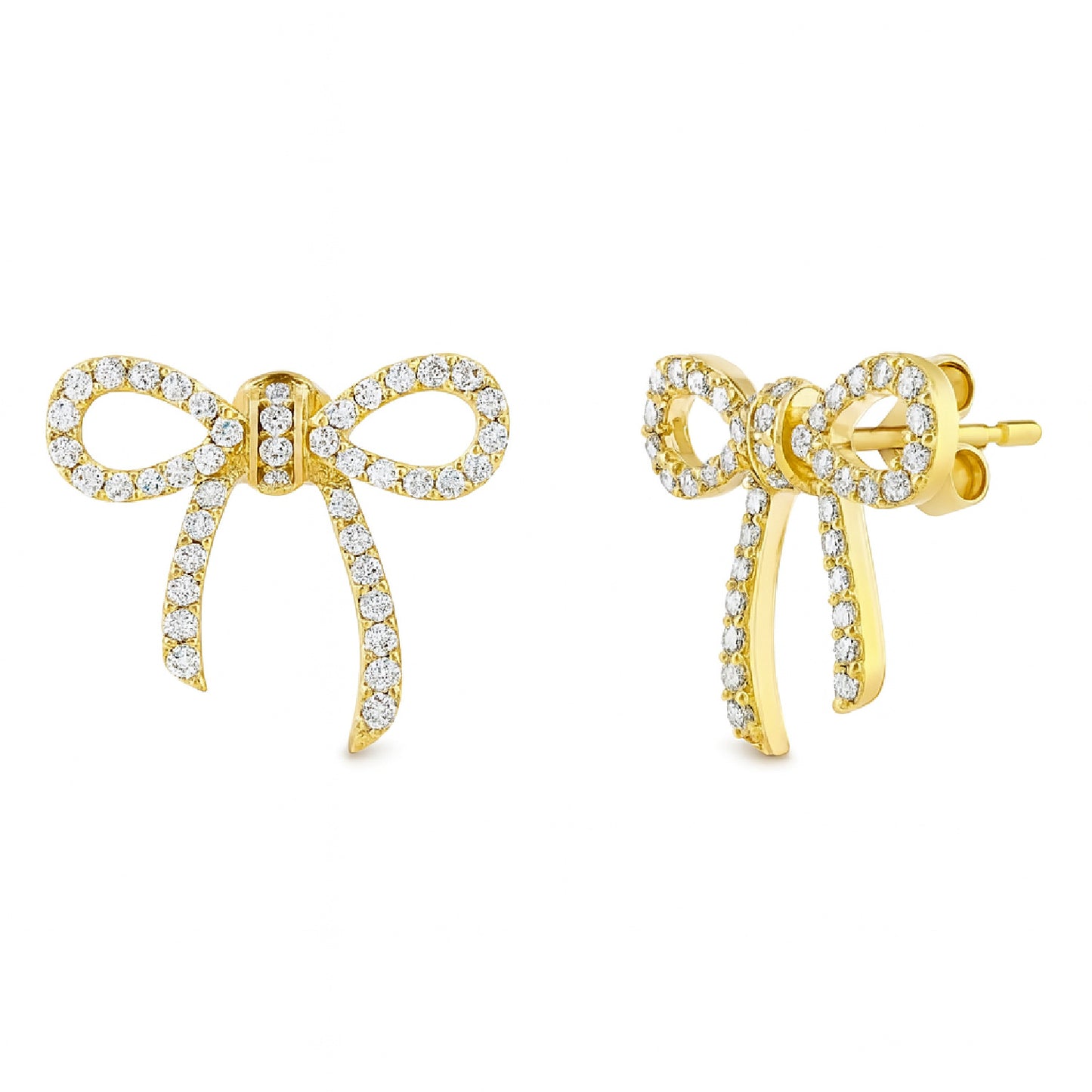 Gold bow-shaped earrings with diamond gemstones on a white background