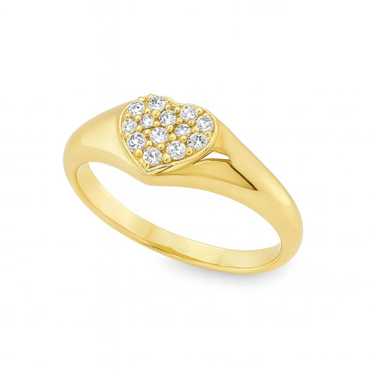 Gold ring with a heart-shaped diamond design on a white background