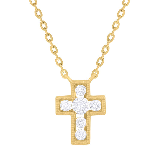 A Yellow Gold mini channel set diamond cross with a jump ring on top, attached to a diamond-cut cable chain.