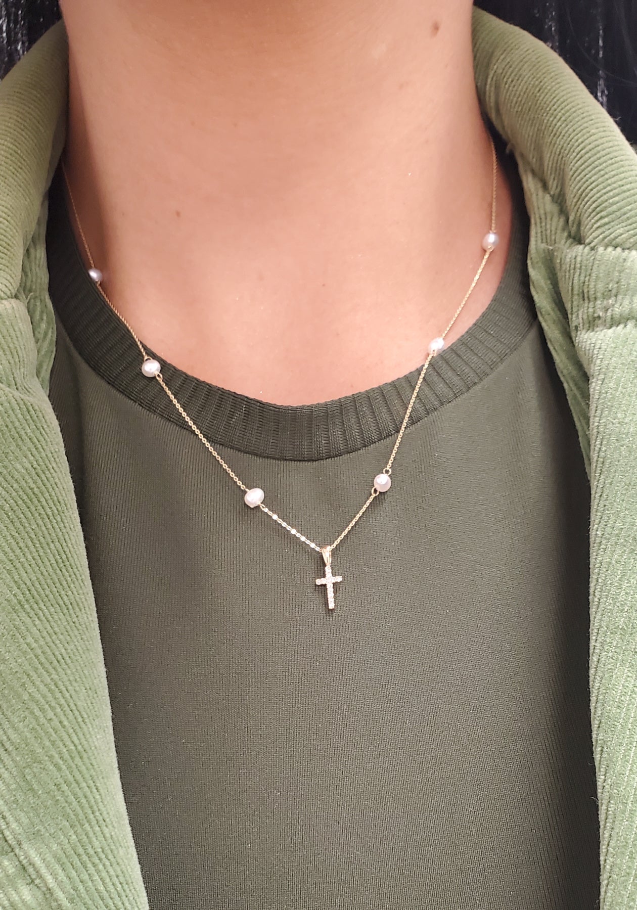 Miniature Diamond Cross on Pearl Necklace