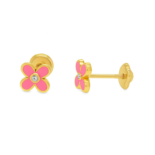Enamel 4-Petal Flower Baby Earrings with CZ Center