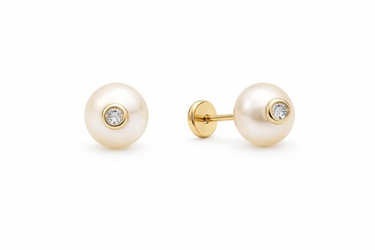Pearl with Stone Accent Center Stud Earring-7mm