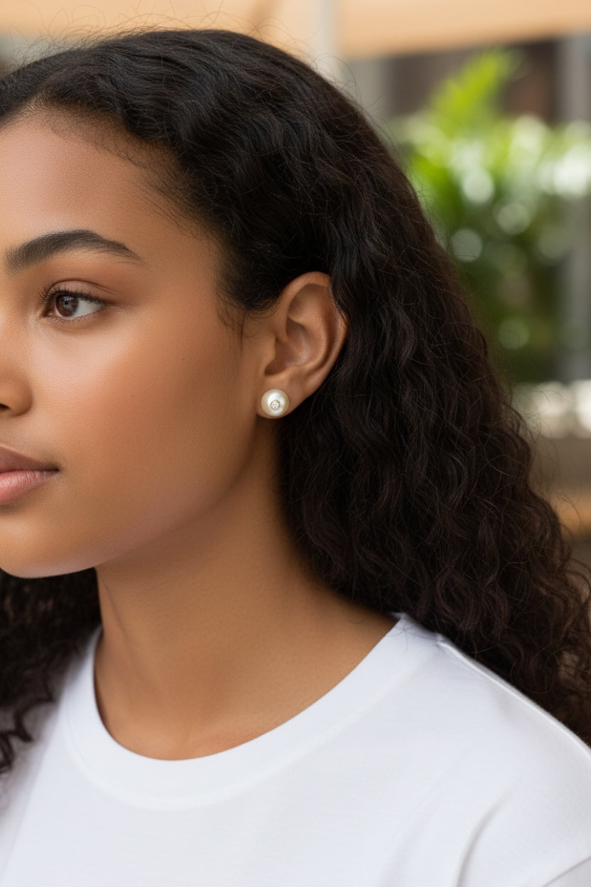 Pearl with Stone Accent Center Stud Earring-8mm